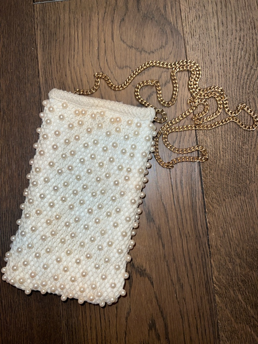 Anthropologie Cream Beaded Pearl Crossbody with Gold Chain